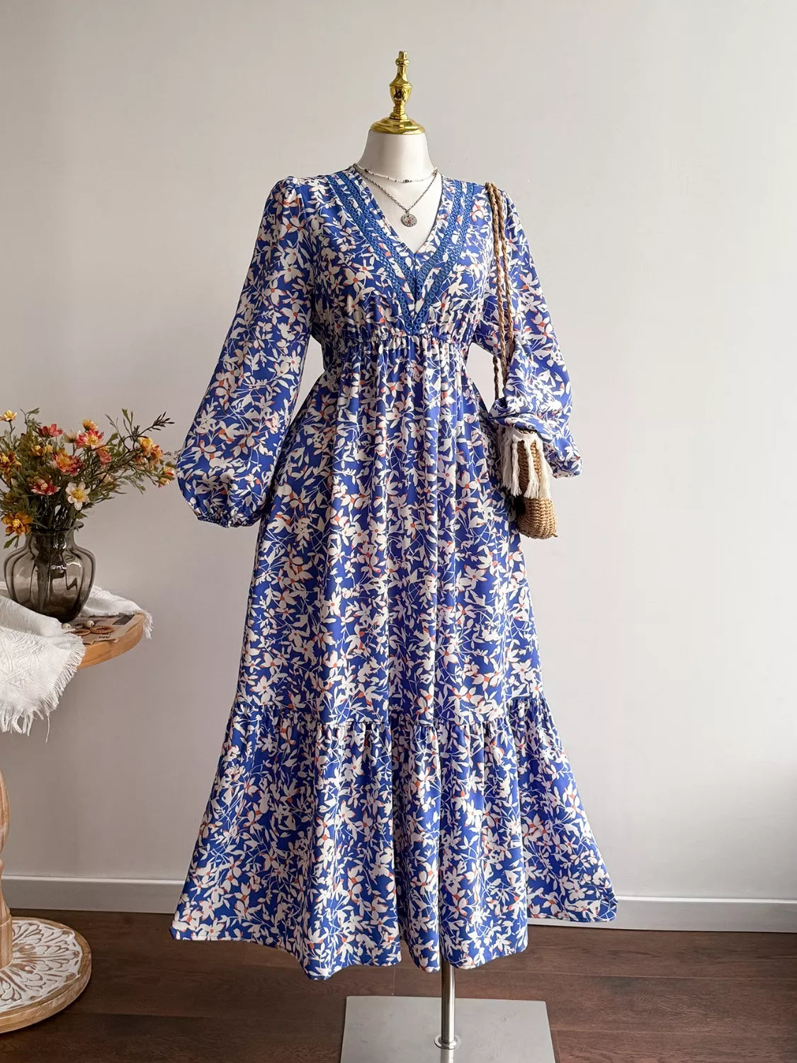 Plus size floral V neck long sleeve maxi dress styled look