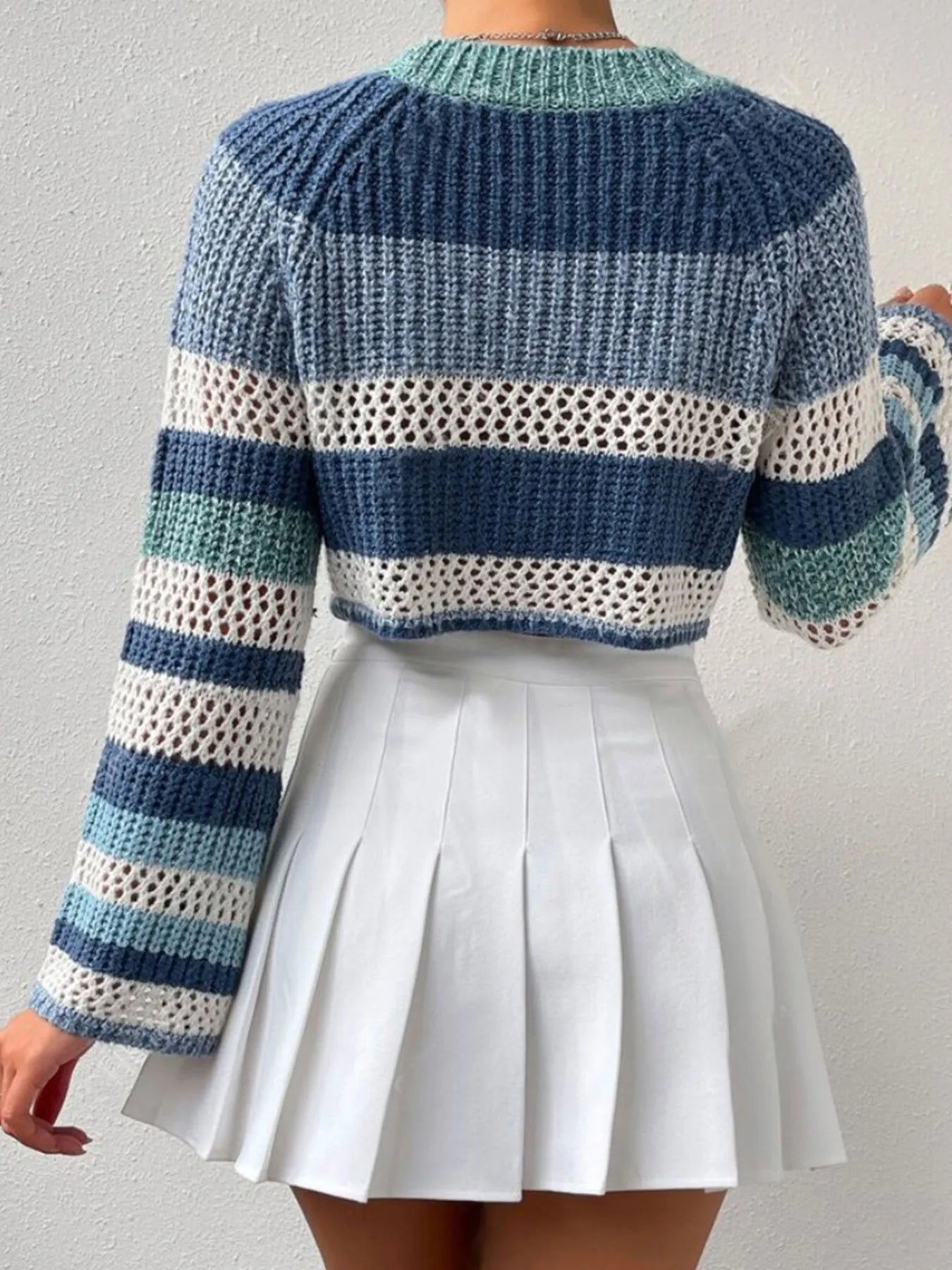 Openwork Striped Color Block Crop Sweater - Fashorio