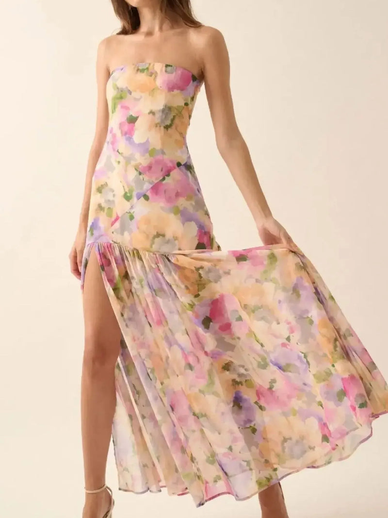 Strapless floral ruched maxi dress with side slit front view