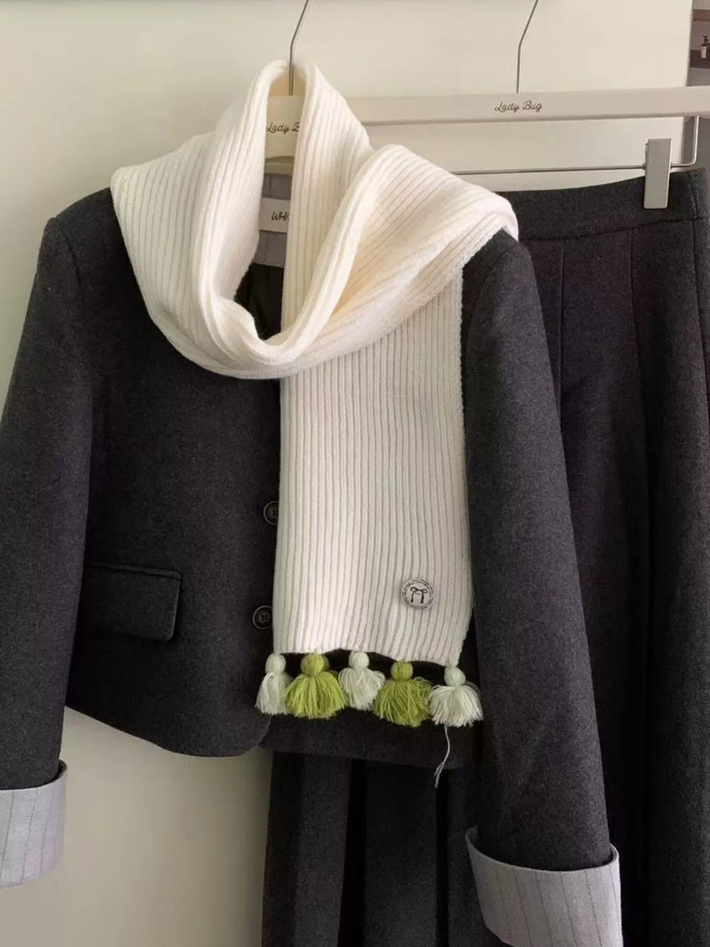 Ribbed knit tassel scarf shown at full length