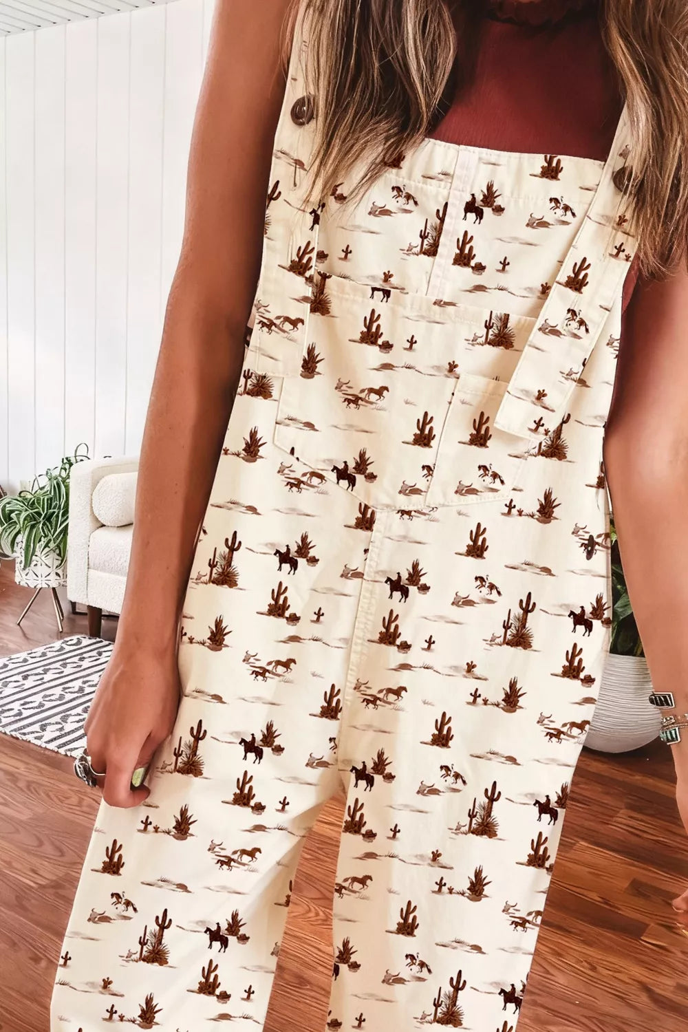 Printed overalls back view showing straps