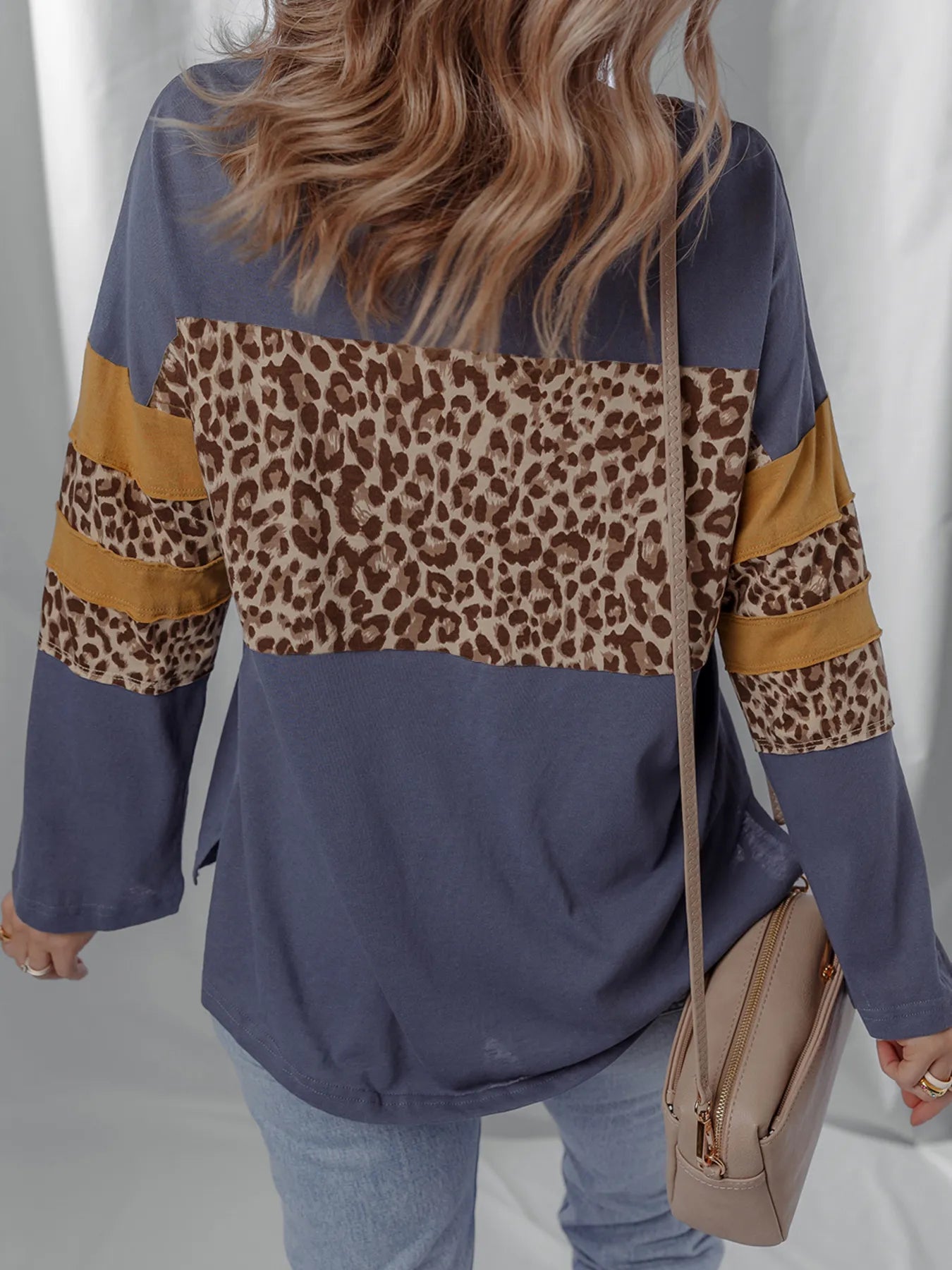 Leopard Color Block Long Sleeve Drop Shoulder Top - Fashorio