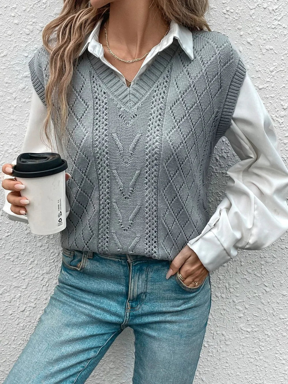 Openwork V Neck Sweater Vest in Gray styled look