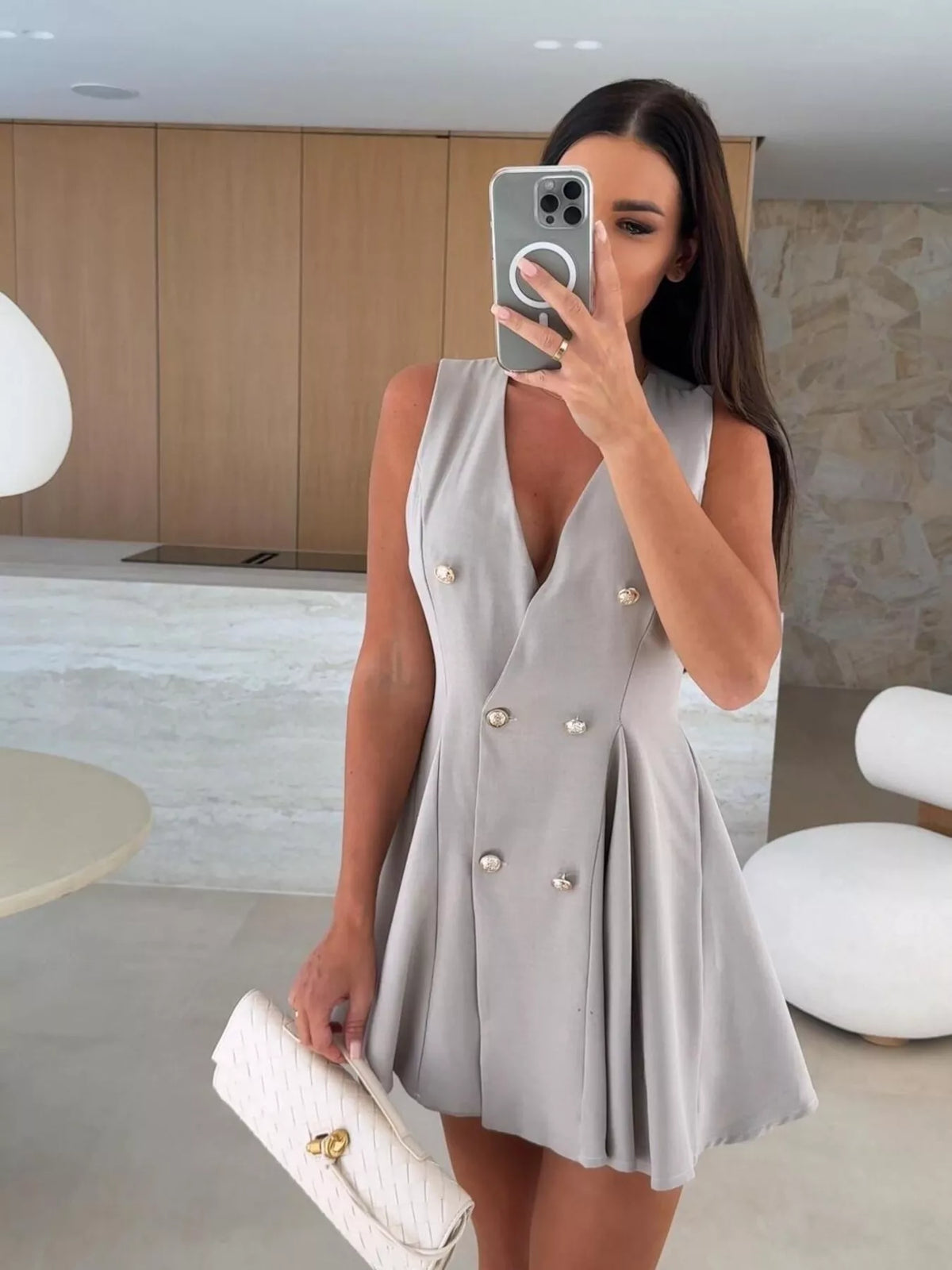 Beige double breasted V neck pleated mini dress side view