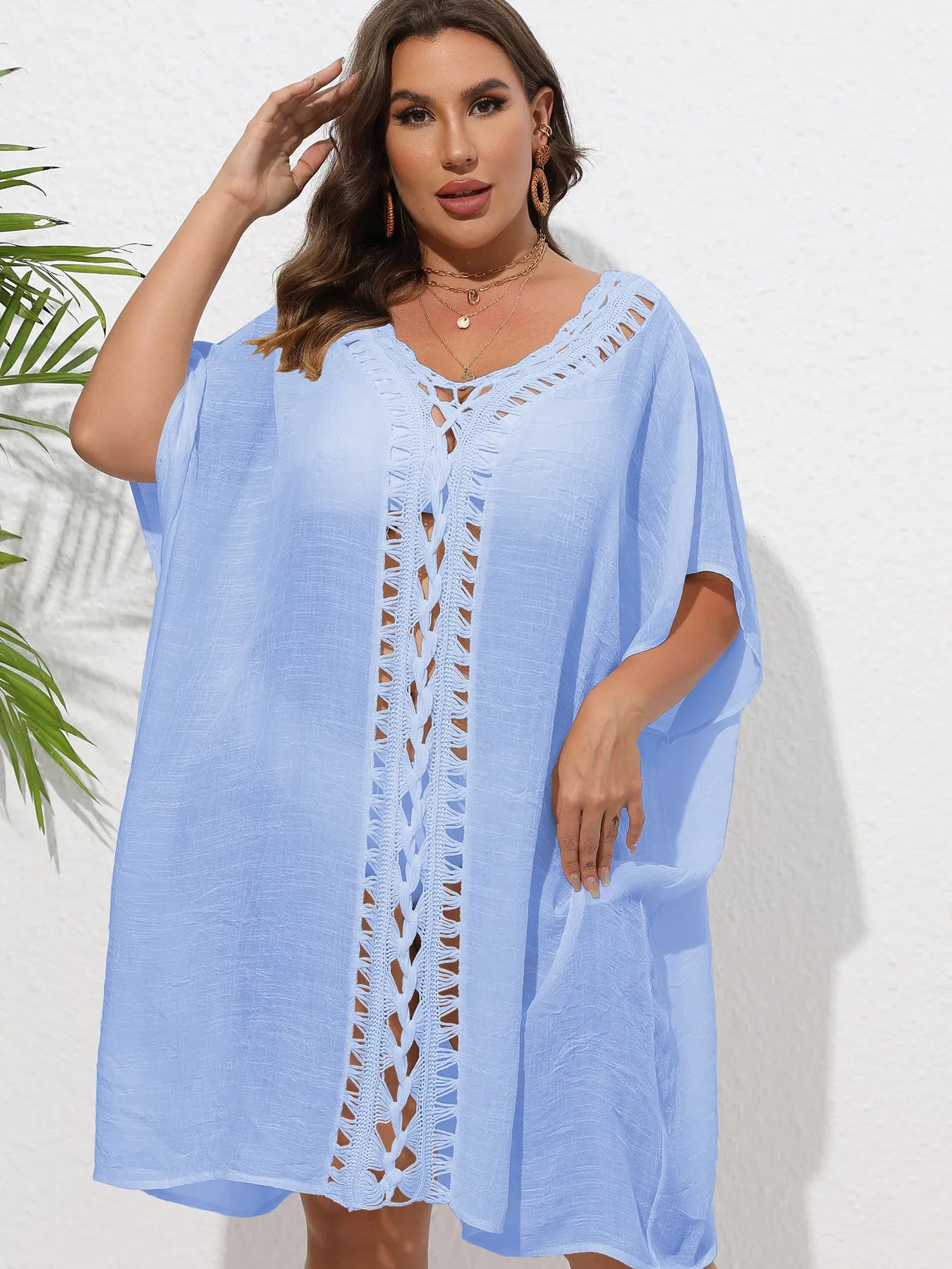 Crochet Trim V-Neck Beach Cover Up Dress Sky Blue One Size - Fashorio