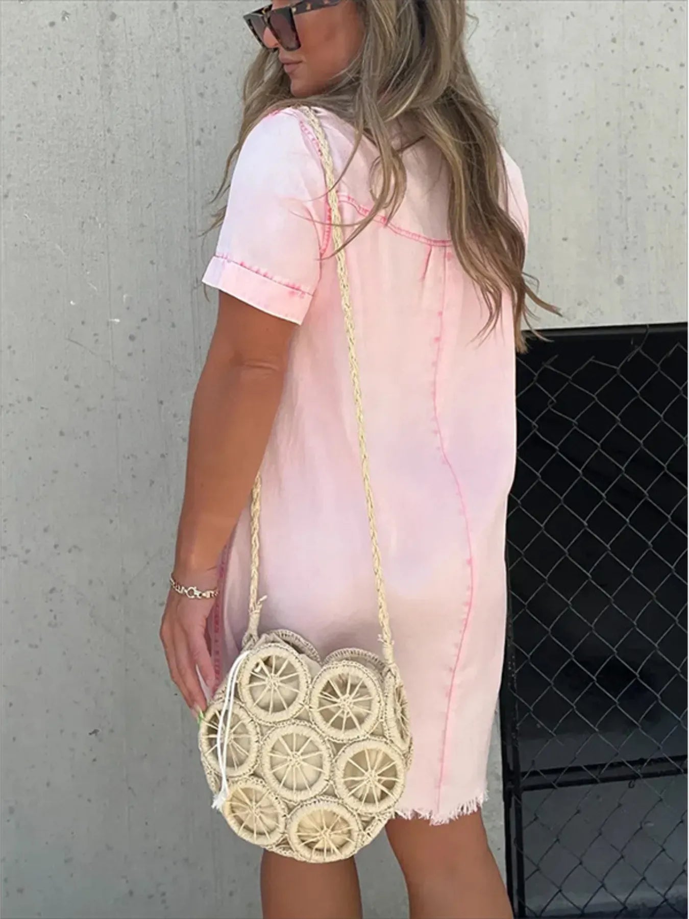 Full Size Raw Hem Short Sleeve Denim Dress Plus Size - Fashorio