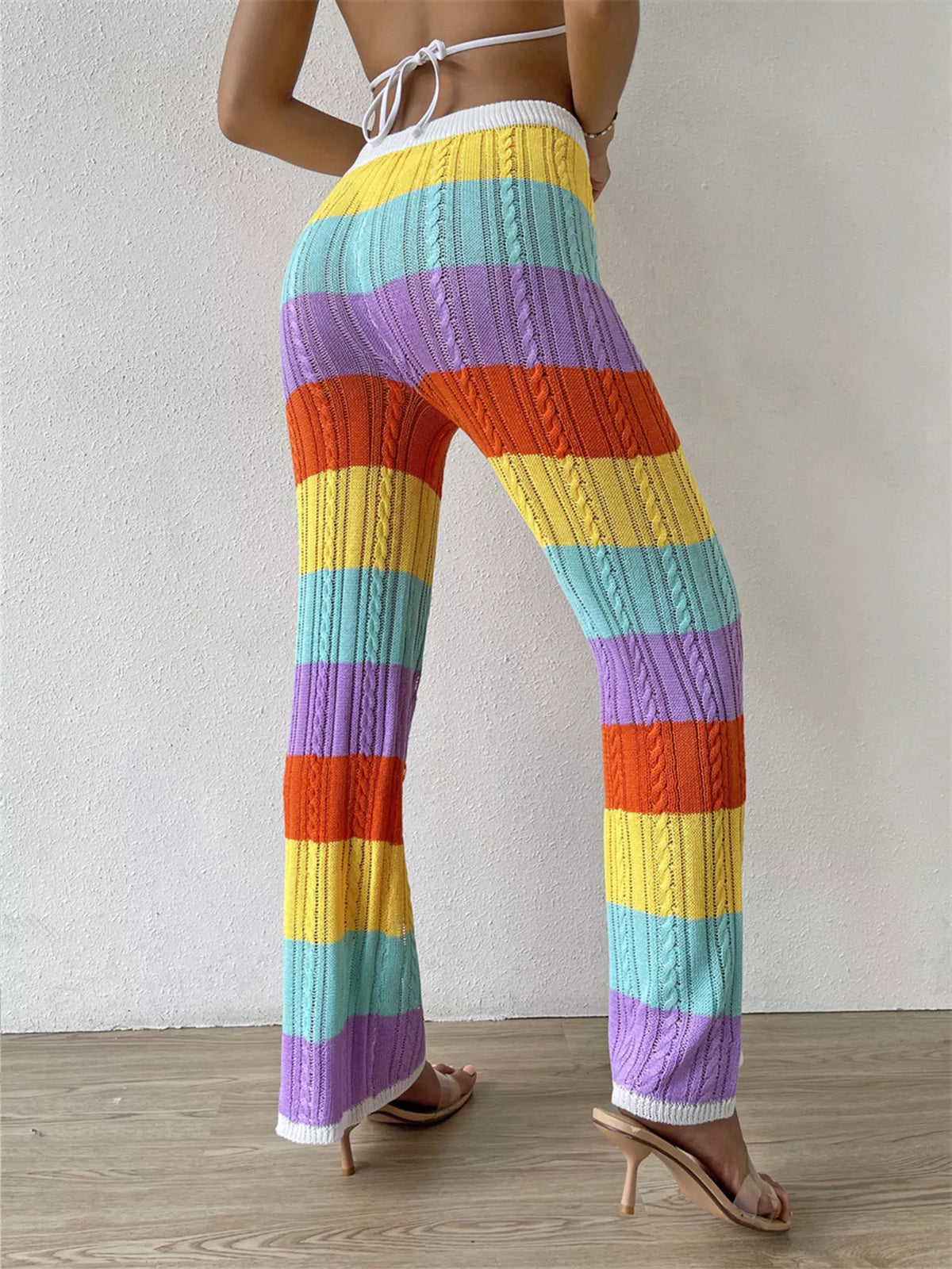 Striped crochet knit drawstring pants front view