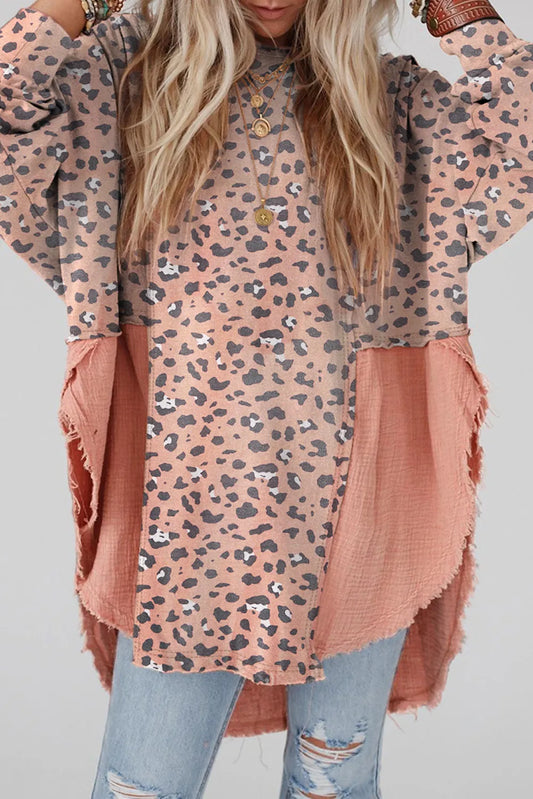 Textured Leopard Dropped Shoulder Blouse Blush Pink - Fashorio