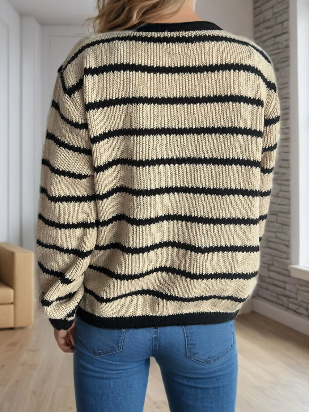 Striped Round Neck Long Sleeve Cardigan - Fashorio