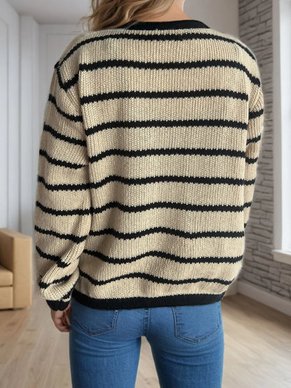 Striped Round Neck Long Sleeve Cardigan - Fashorio