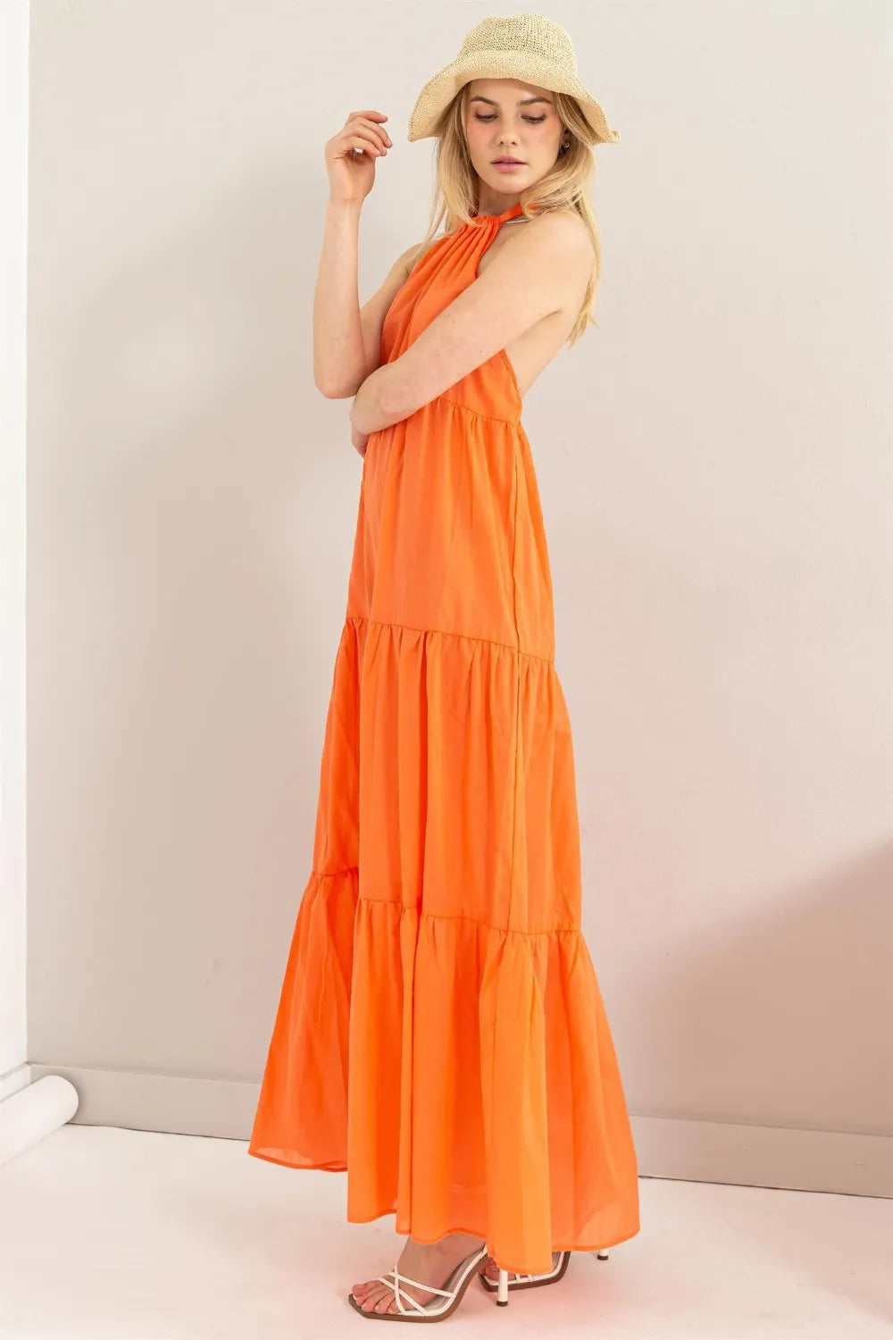 Maxi cover up dress styled over swimsuit