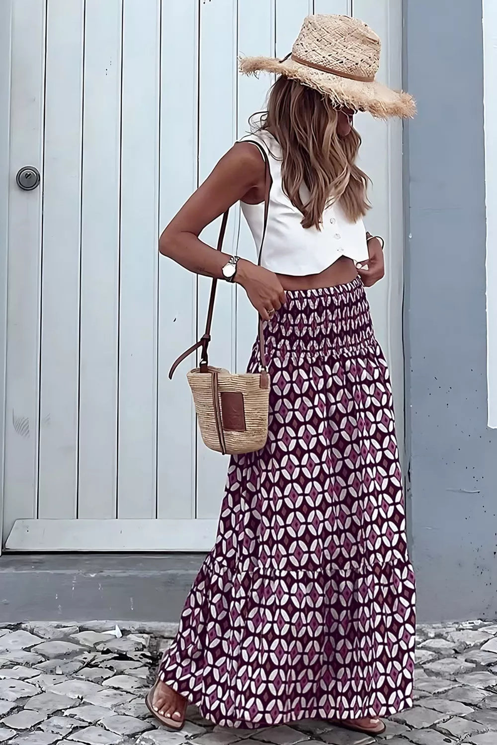 Mauve geometric print maxi skirt smocked waist detail