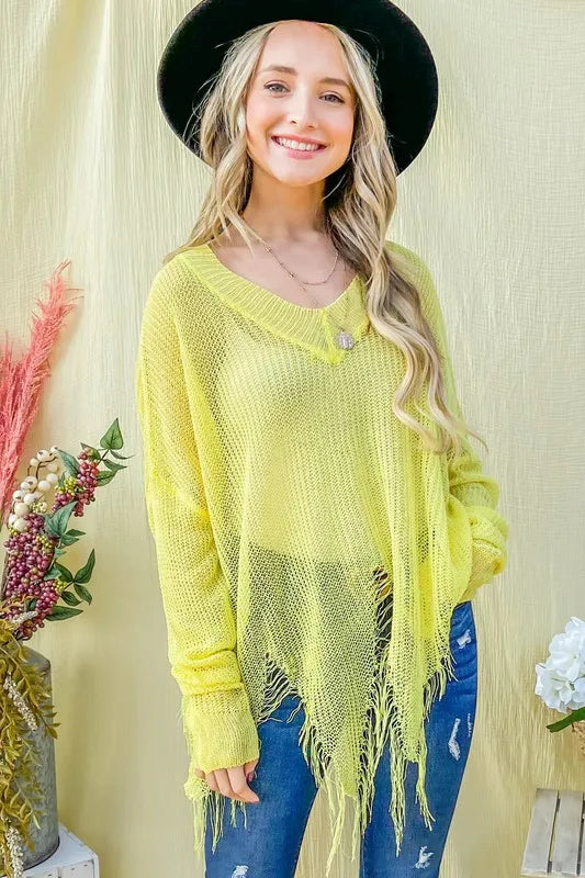 Distressed Mesh V Neck Sweater Cover Up in Yellow