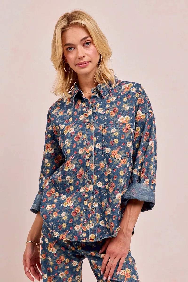 BiBi Washed Floral Print Denim Jacket - Fashorio