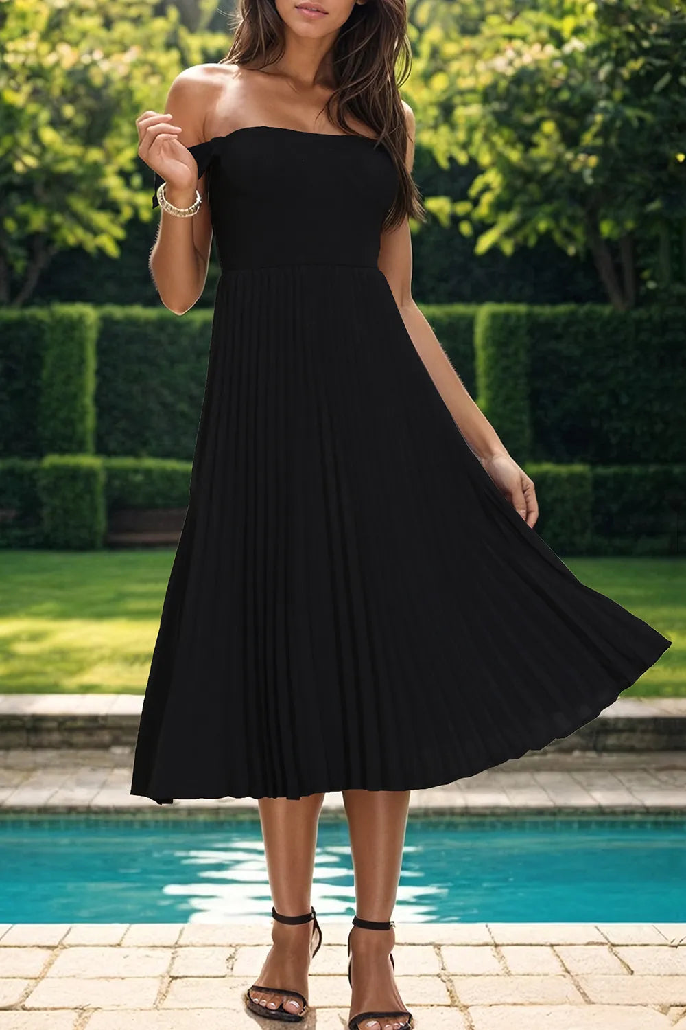 Black pleated off shoulder midi dress side view