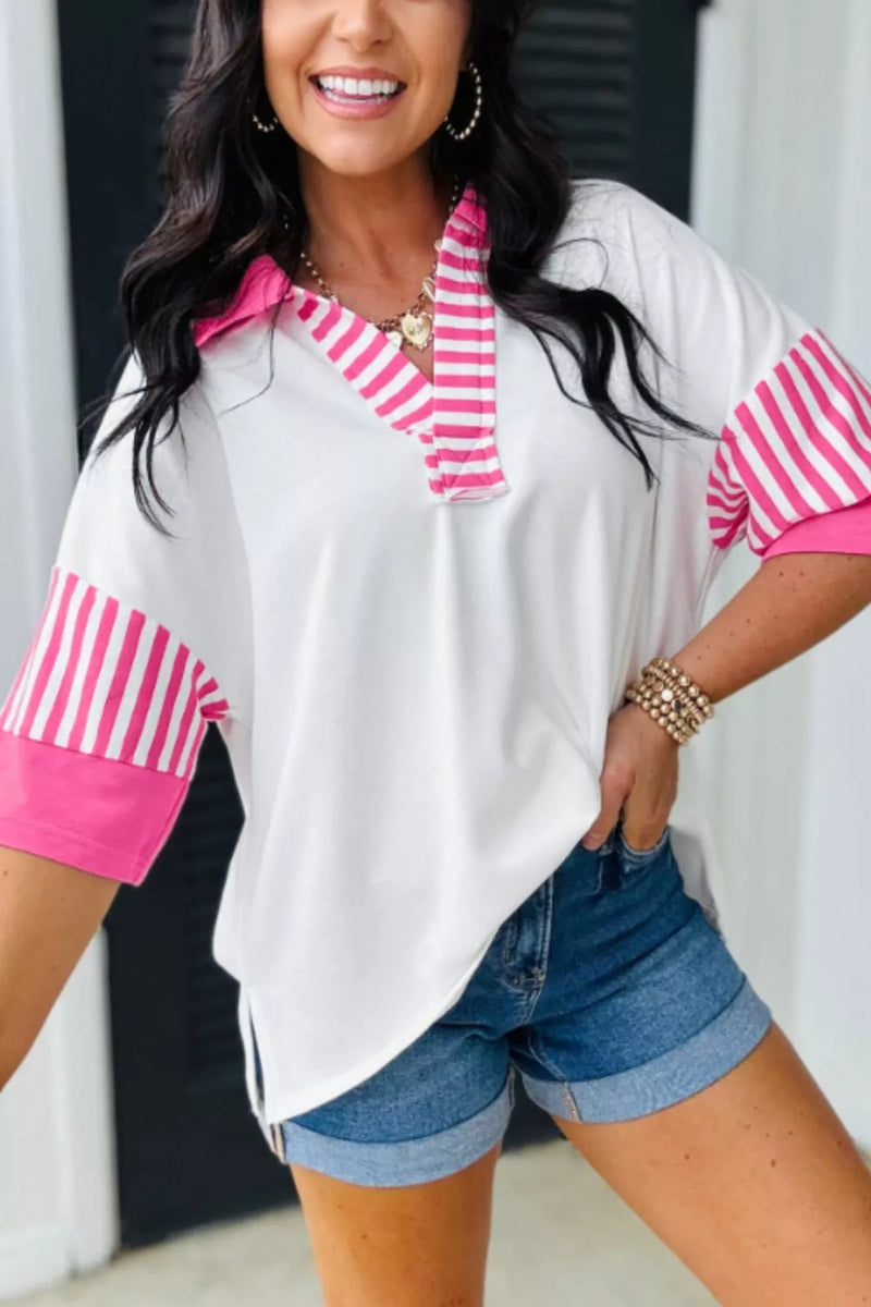White striped color block half sleeve polo shirt front view