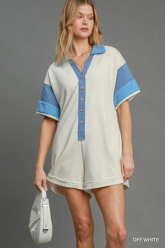 Umgee French Terry Collared Colorblock Romper OFF WHITE - Fashorio