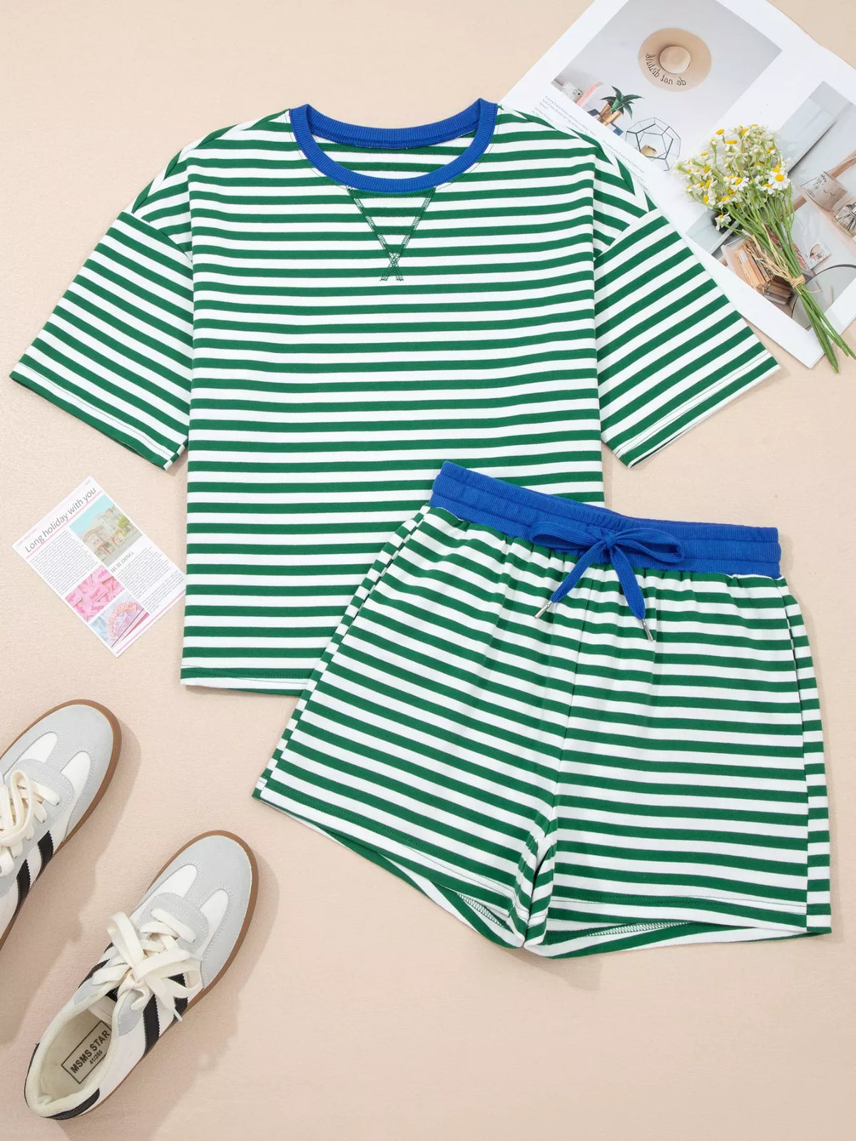 Stripe tee and drawstring shorts set back view