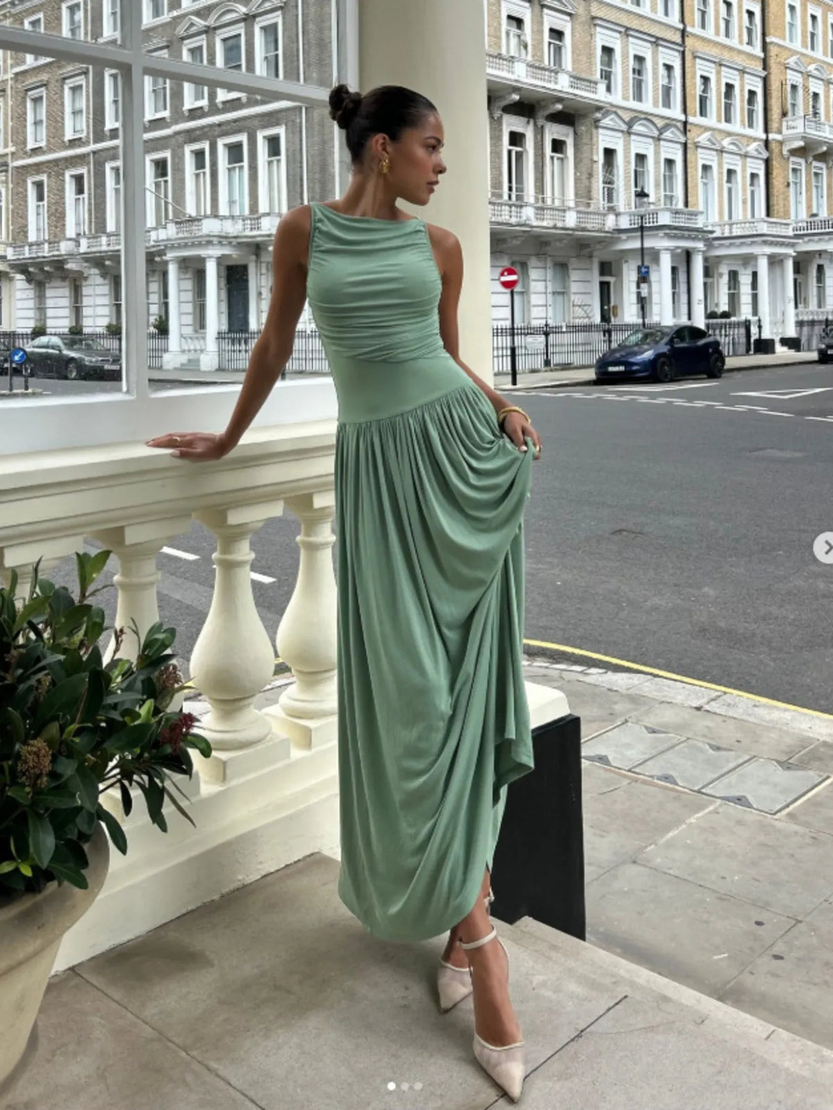 mint green ruched sleeveless maxi dress back view