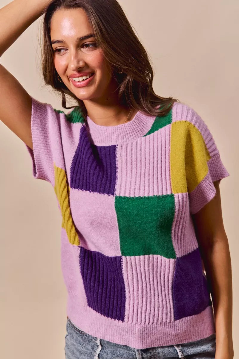 Check Plaid Casual Sweater Top in Lavender detail