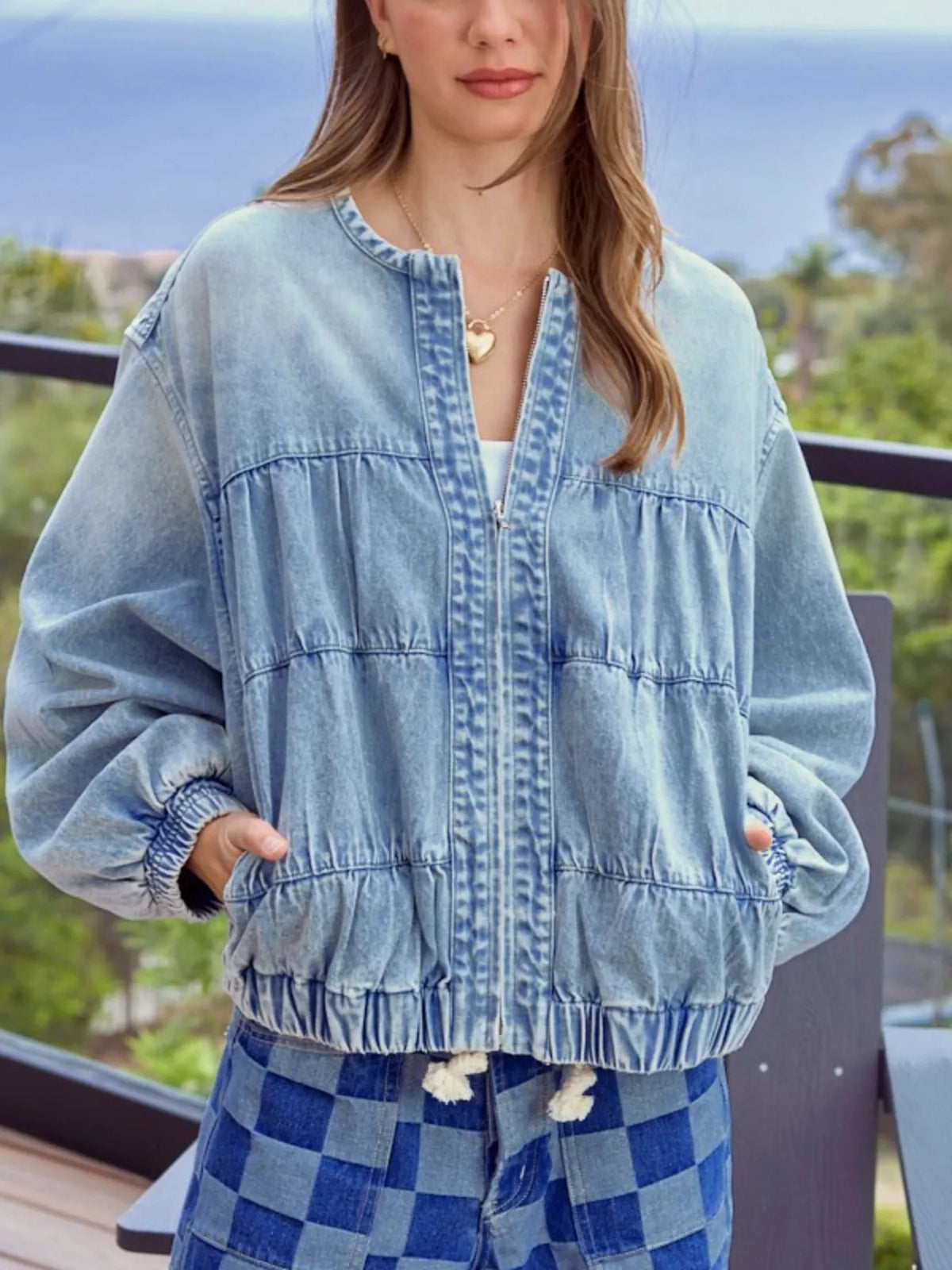 Washed Zip Up Denim Jacket in Medium Wash