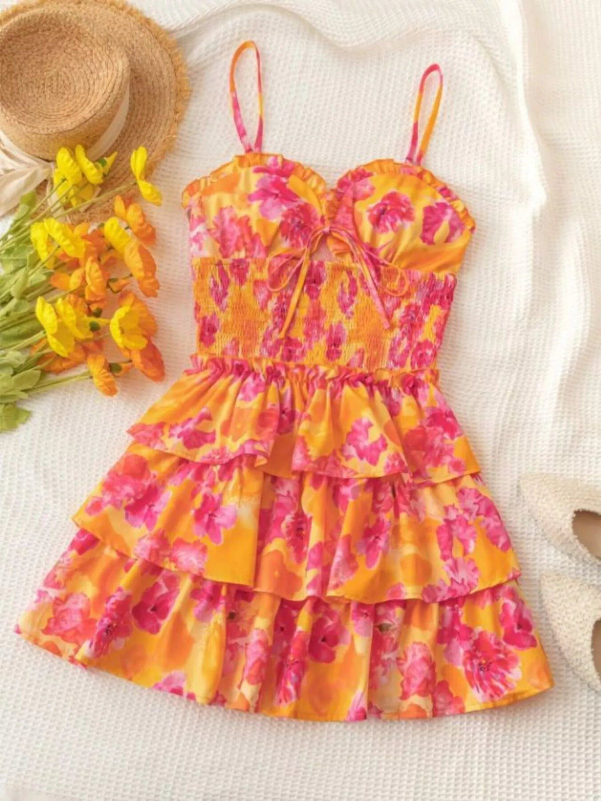 Orange floral cutout ruffle mini dress detail view