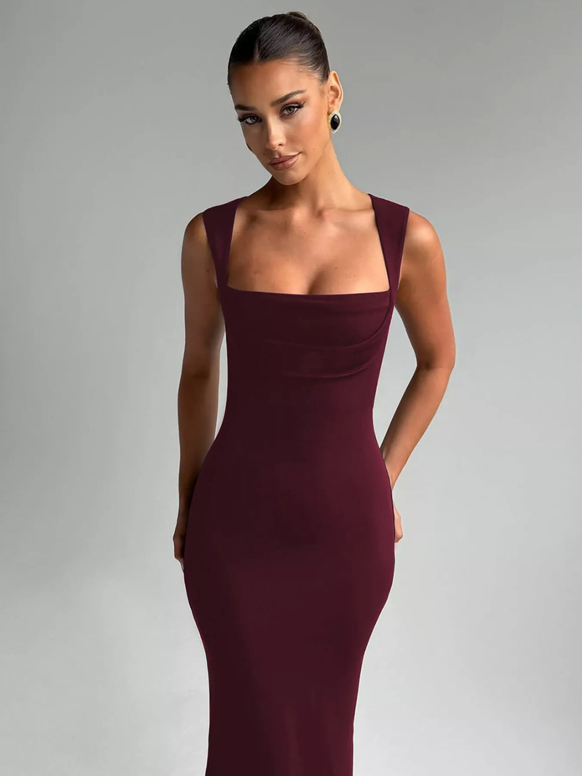 Close up of the bodice on the square neck maxi dress