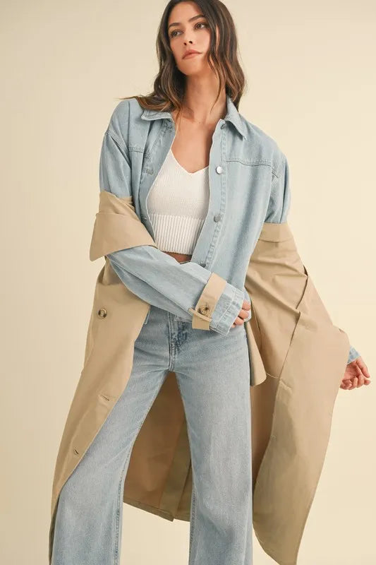 MABLE Layered Look Trench Coat With Denim Jacket - Fashorio