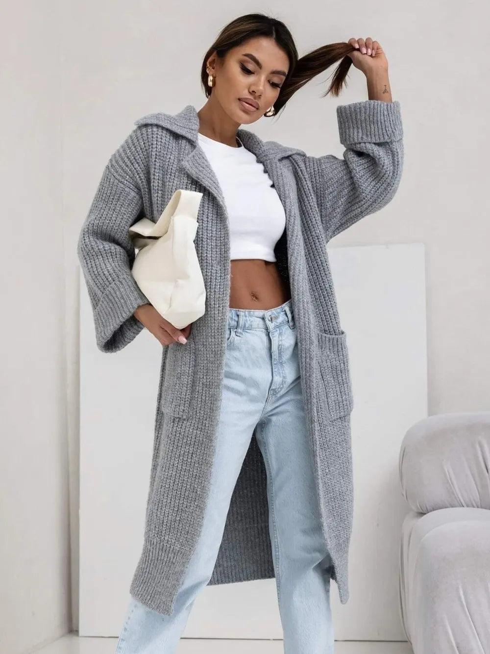 Pocketed Collared Neck Dropped Shoulder Cardigan - Fashorio