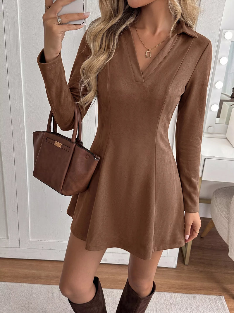 Brown Johnny collar long sleeve dress front view