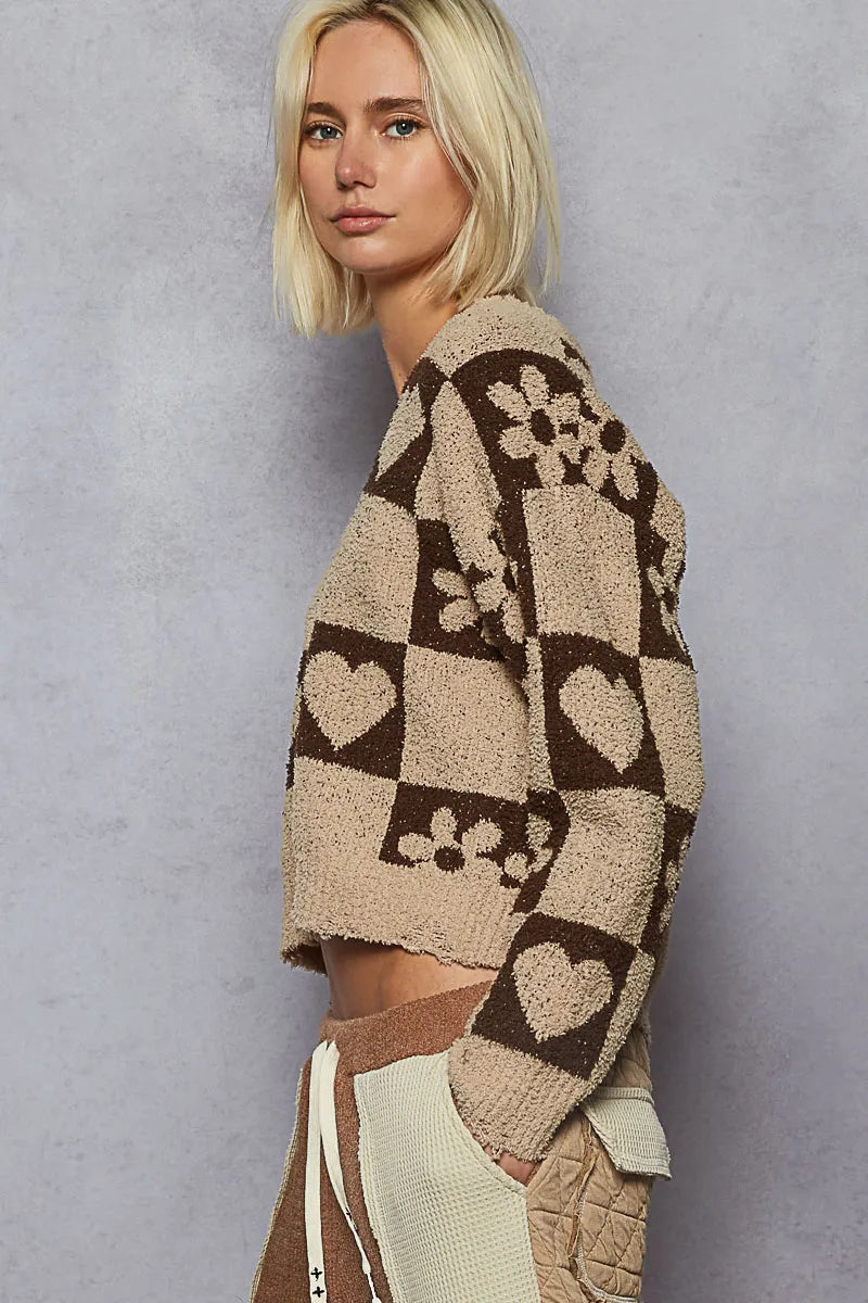 POL V-Neck Heart Pattern Checkered Sweater - Fashorio