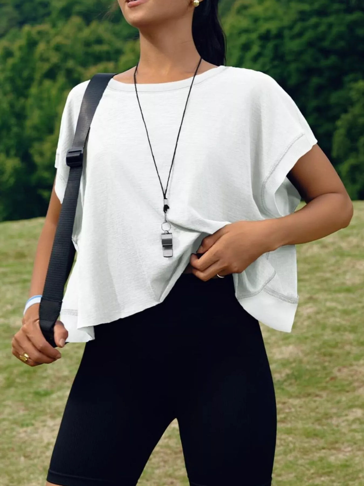 White cutout crisscross back short sleeve t shirt front view