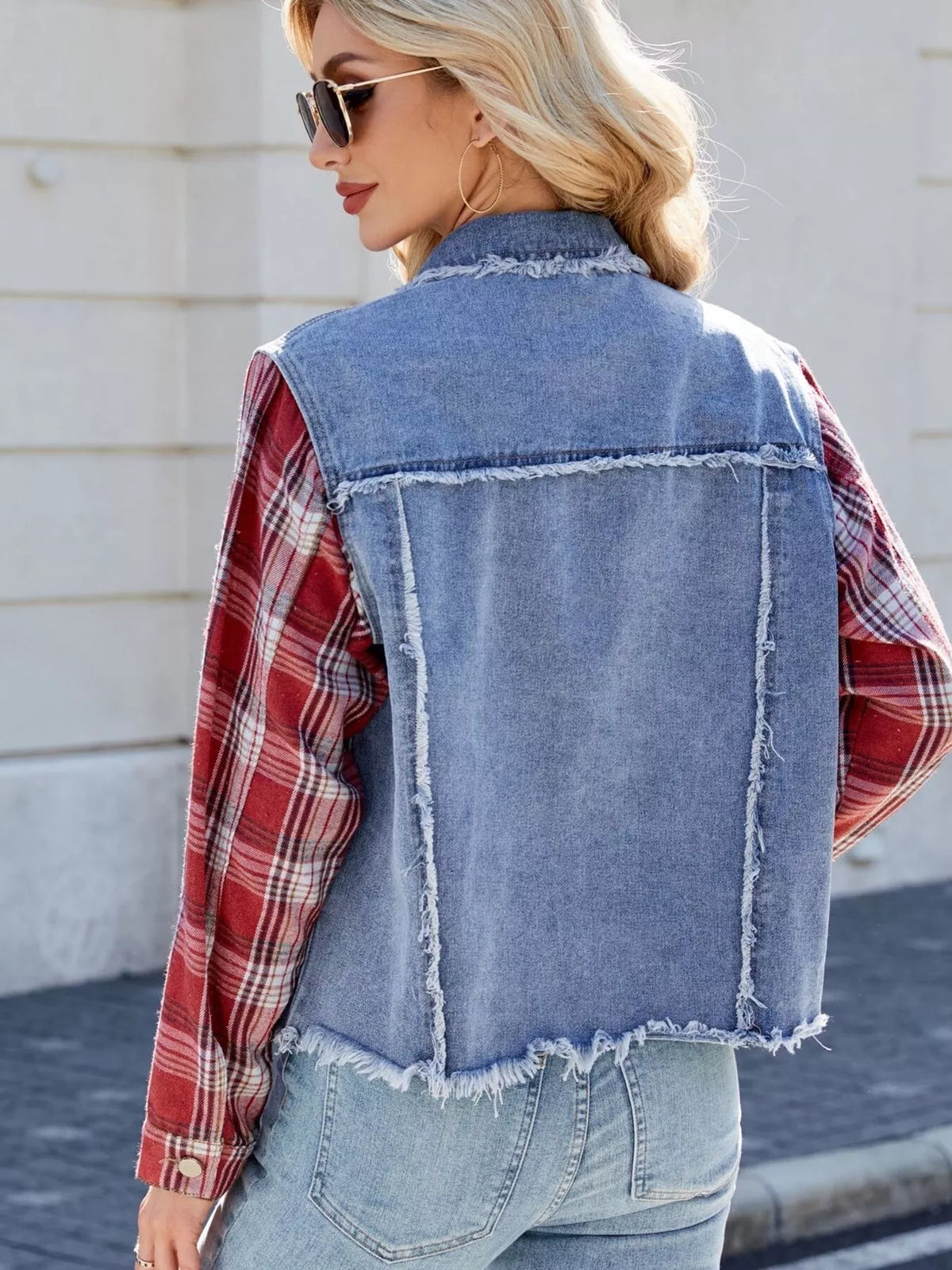 Plaid Sleeve Raw Hem Denim Jacket in Dusty Blue back view