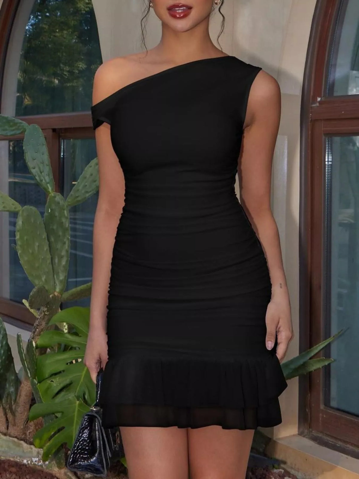 Ruffled mini dress ruched bodice detail