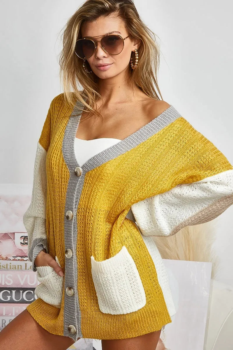 BiBi Color Block Sweater Cardigan with Button Closure MUSTARD IVORY - Fashorio