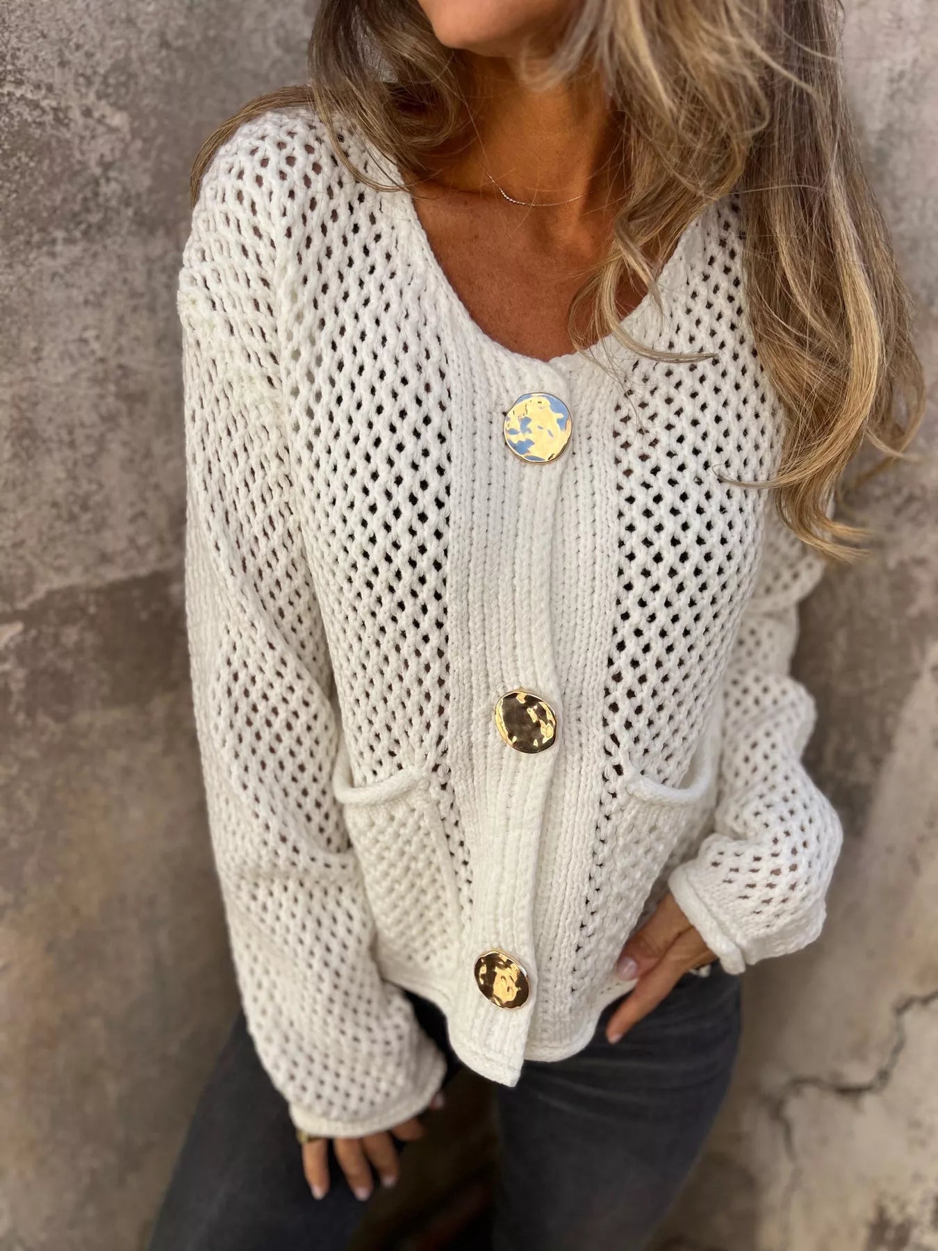 Crochet Button Up Long Sleeve Cardigan Ivory - Fashorio