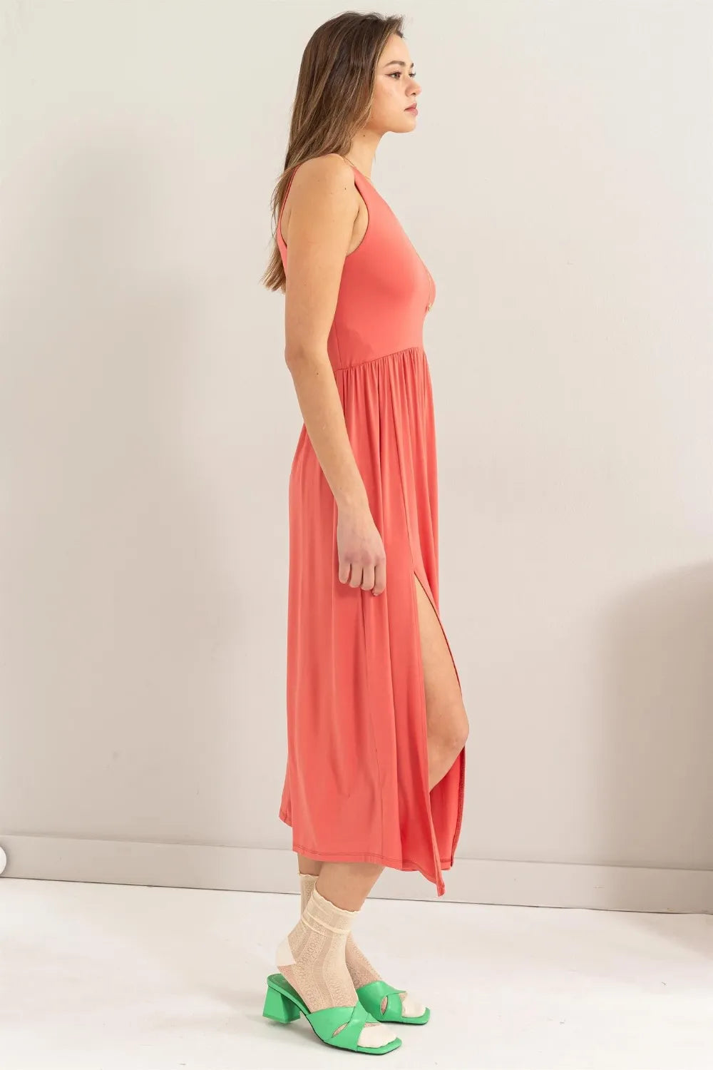 Sleeveless Slit Midi Dress in Spiced Coral detail