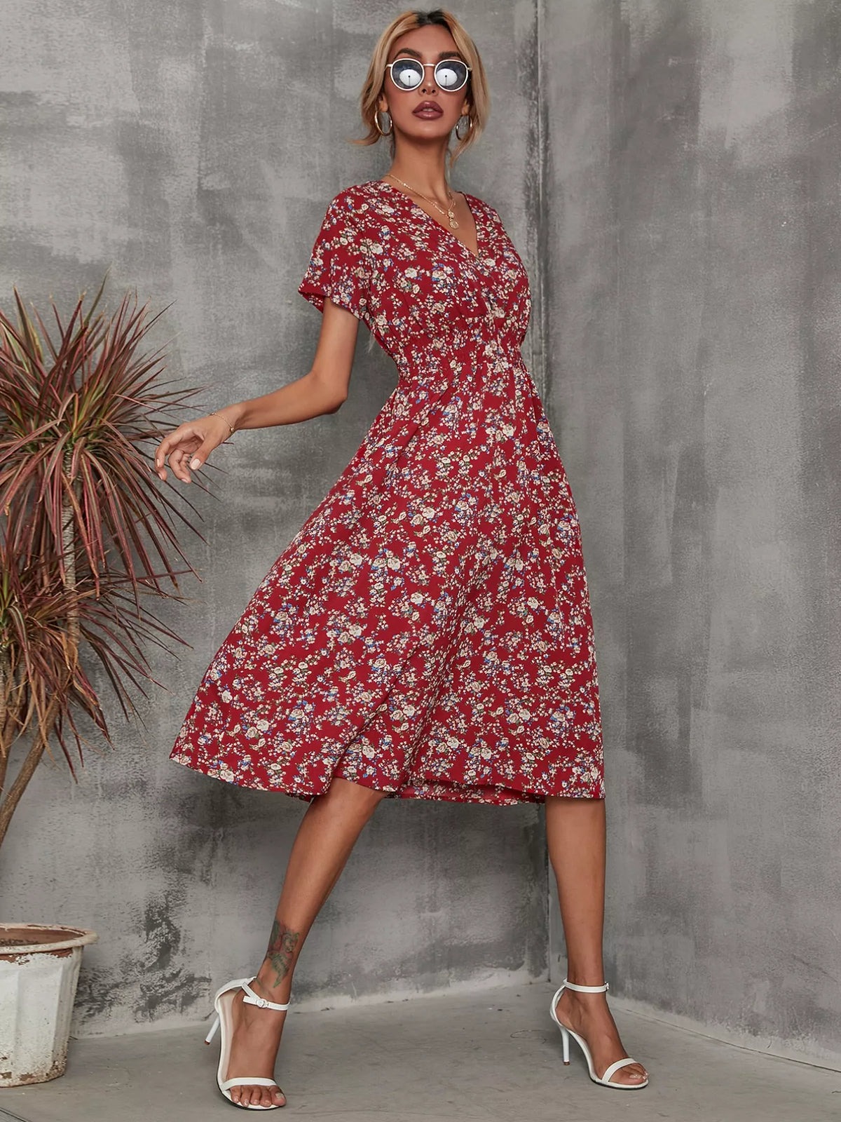 Printed short sleeve smocked midi dress full length view