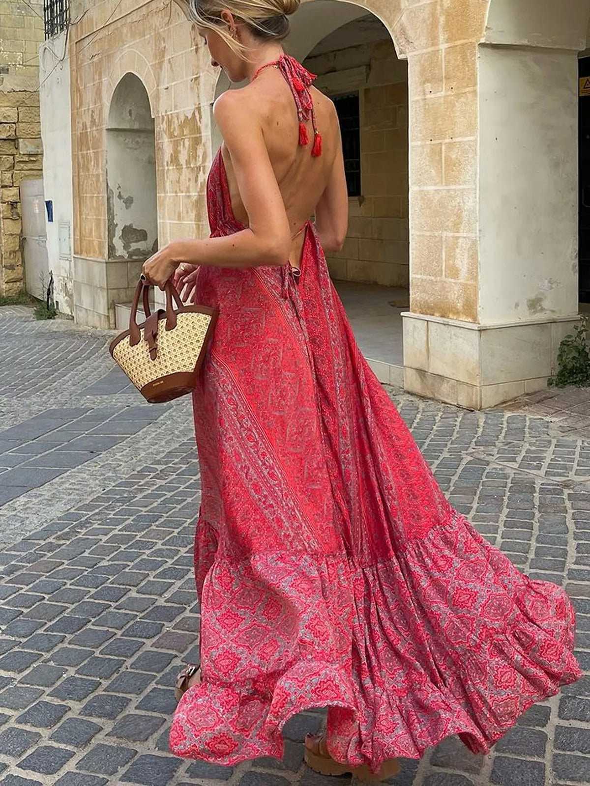 Deep rose halter maxi dress with open back view