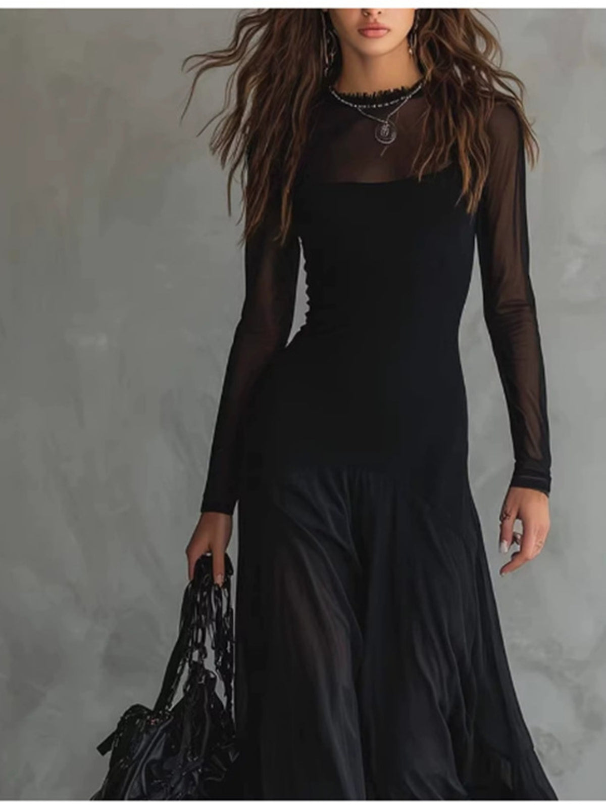 Sheer mesh maxi dress two piece set black cami and mesh overlay
