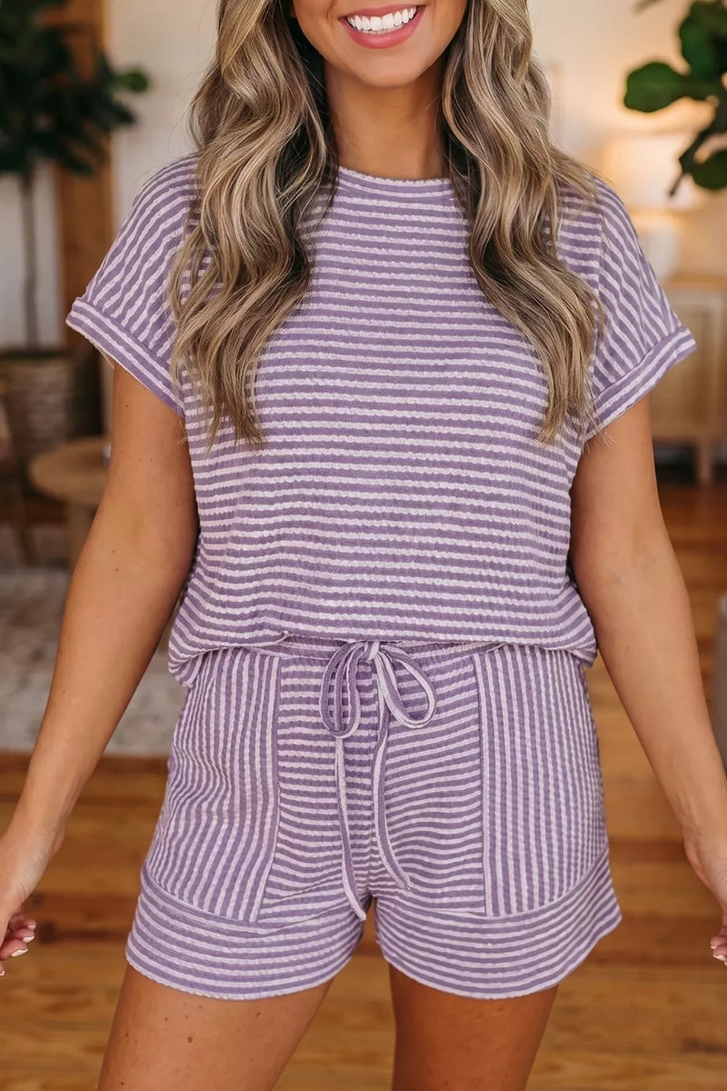 Striped textured knit top and short two piece set front view