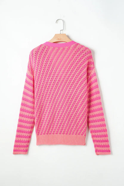 Striped V-Neck Button Up Cardigan - Fashorio