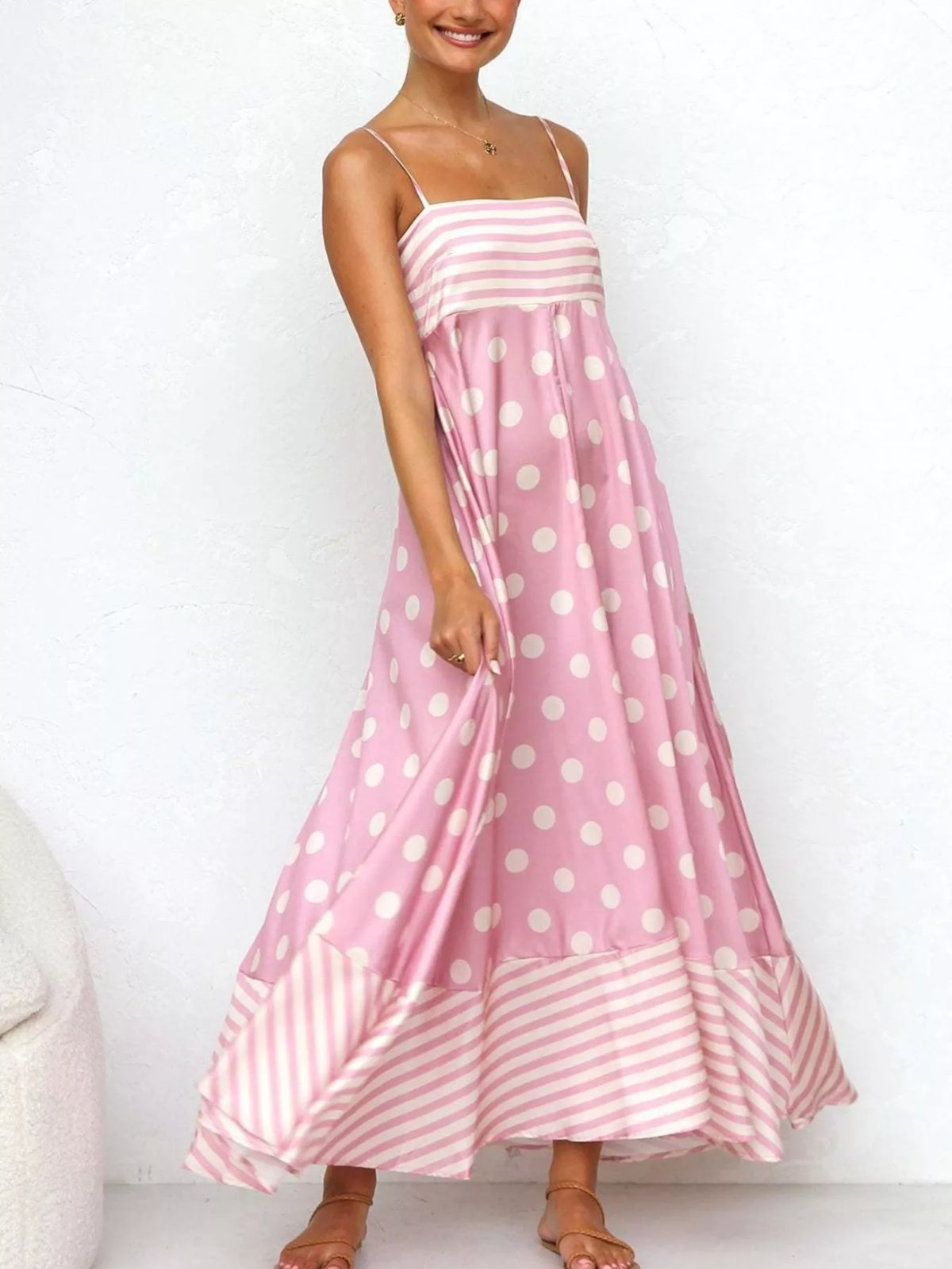 printed spaghetti strap maxi dress close up view
