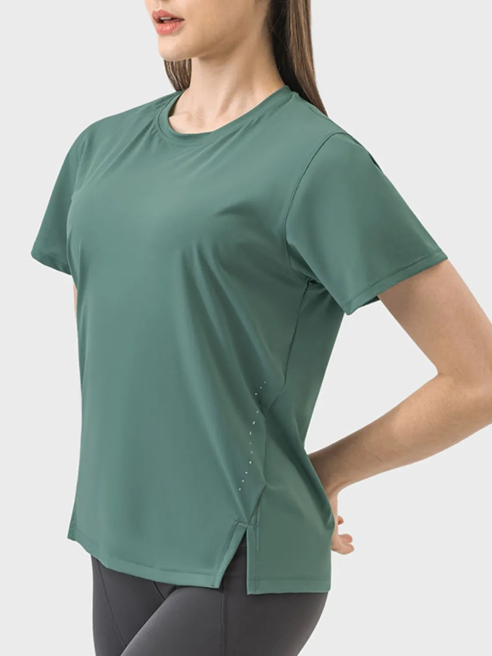 Slit round neck short sleeve active tee side view