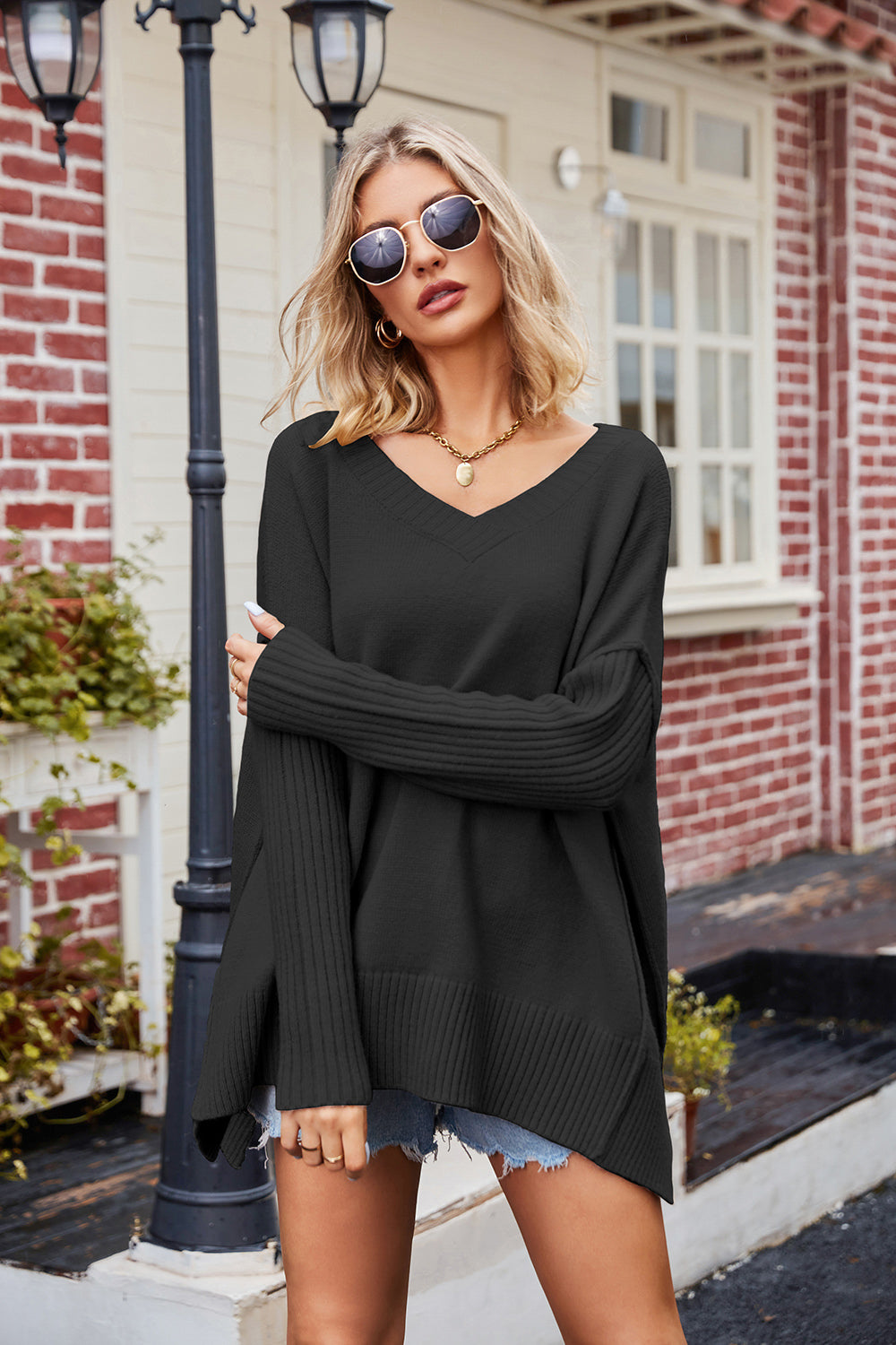 V-Neck Slit Exposed Seam Sweater - Fashorio