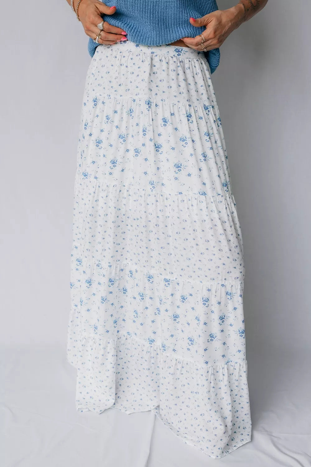 high waist floral boho maxi skirt in white side view