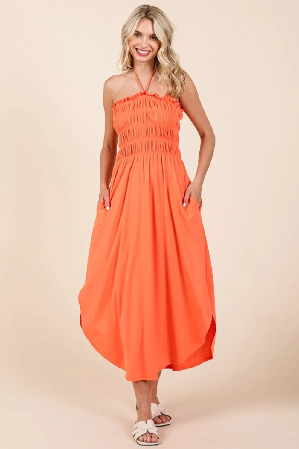 Tie Back Shirred Dress with Pockets in Coral