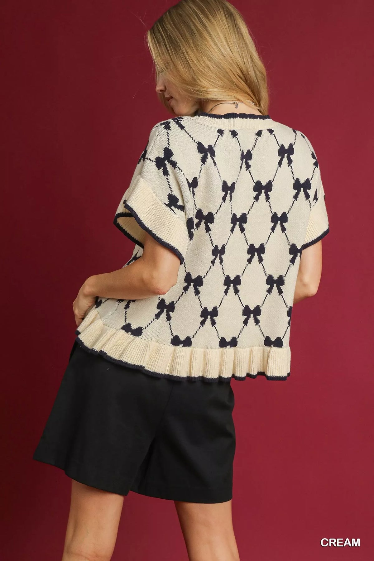 Bow Knit Ruffle Sleeve Sweater in Cream side view