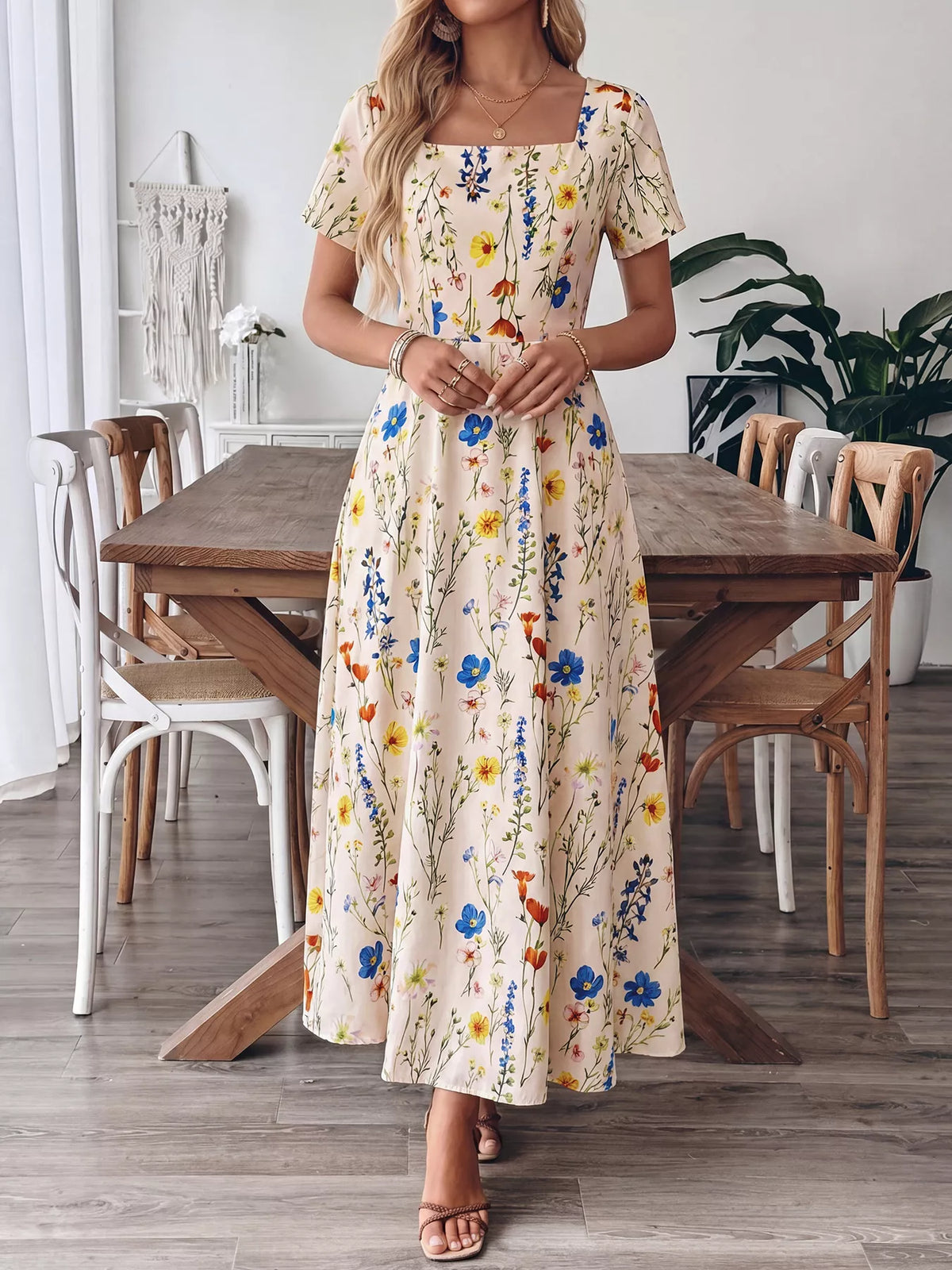 apricot floral square neck casual maxi dress back view