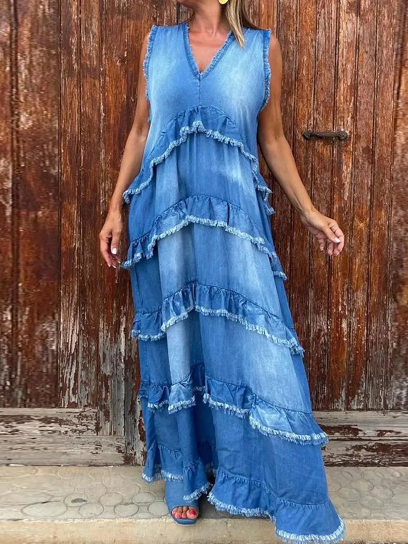 Raw Hem Layered Denim Maxi Dress - Fashorio